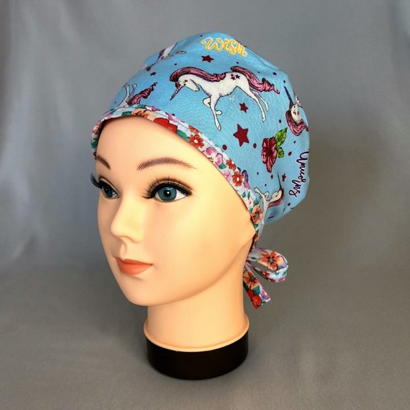 Reversible Unisex Floral and Unicorns Surgical Scrub Cap Hat! Preshrunk Cotton - Picture 5 of 5